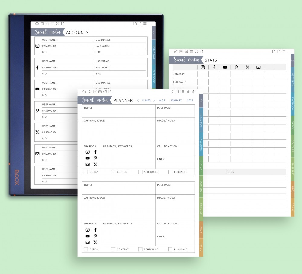 Social Media Hub for Boox Note Planner Social Media Hub Template for Boox Note