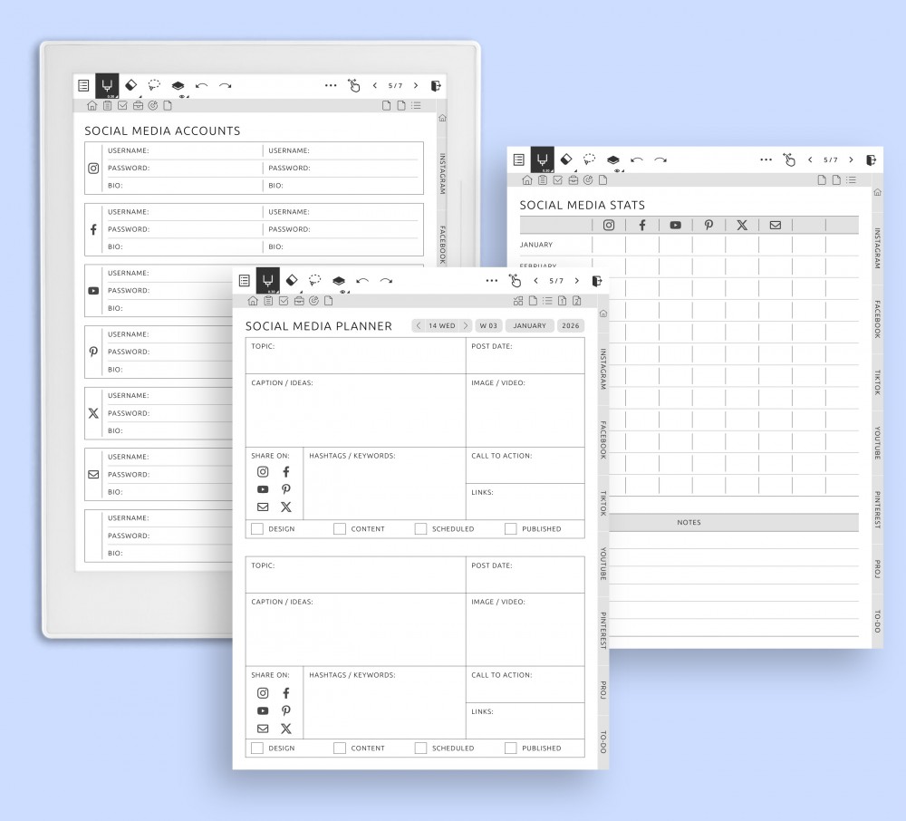 Social Media Planning Hub for Supernote Planner Social Media Planning Hub Template for Supernote