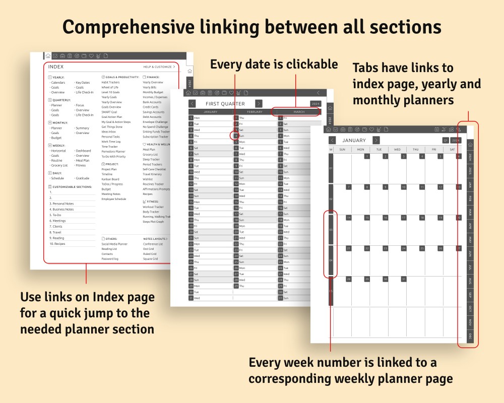 Seamless Navigation: Experience Hyperlinked Organization in Your Customizable Planner for Supernote Planner Seamless Navigation: Experience Hyperlinked Organization in Your Customizable Planner Template for Supernote