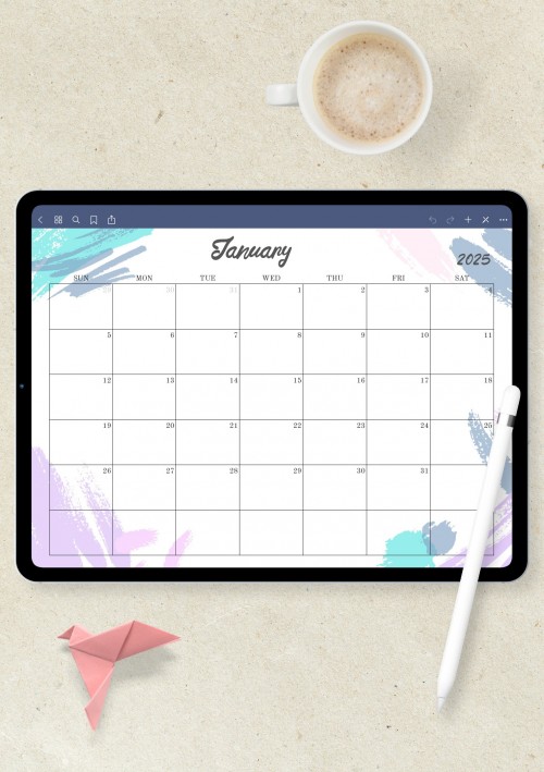 Horizontal Colored Monthly Calendar for Notability