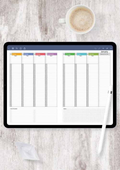 Colored Weekly hourly planner dated template for Notability