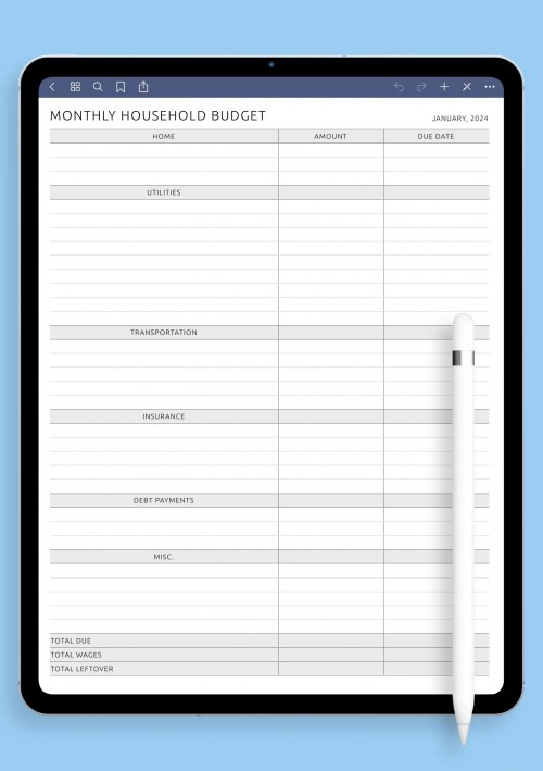 GoodNotes Template Monthly Household Budget Original