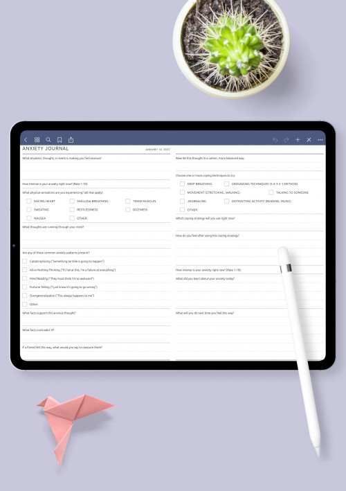 Printable Anxiety Journal with Coping Strategies & CBT Prompts template for GoodNotes