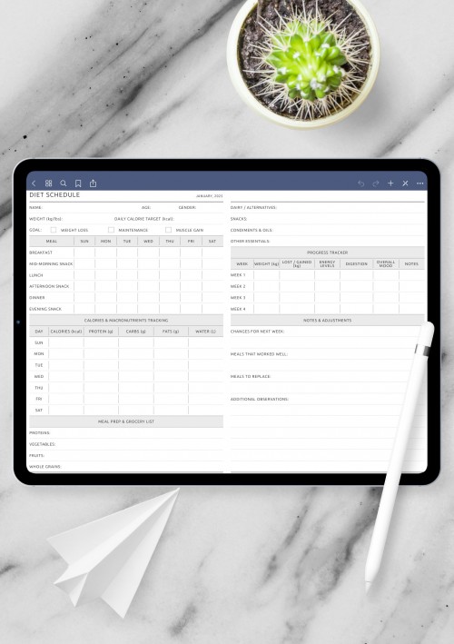 Printable Diet Planner with Meal Schedule, Calories & Macros template for GoodNotes