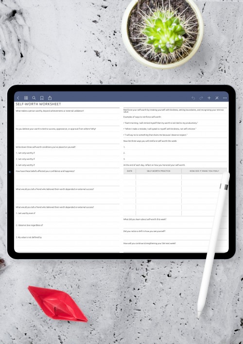 Self-Worth Worksheet & Journal for Building Confidence and Self-Esteem template for GoodNotes